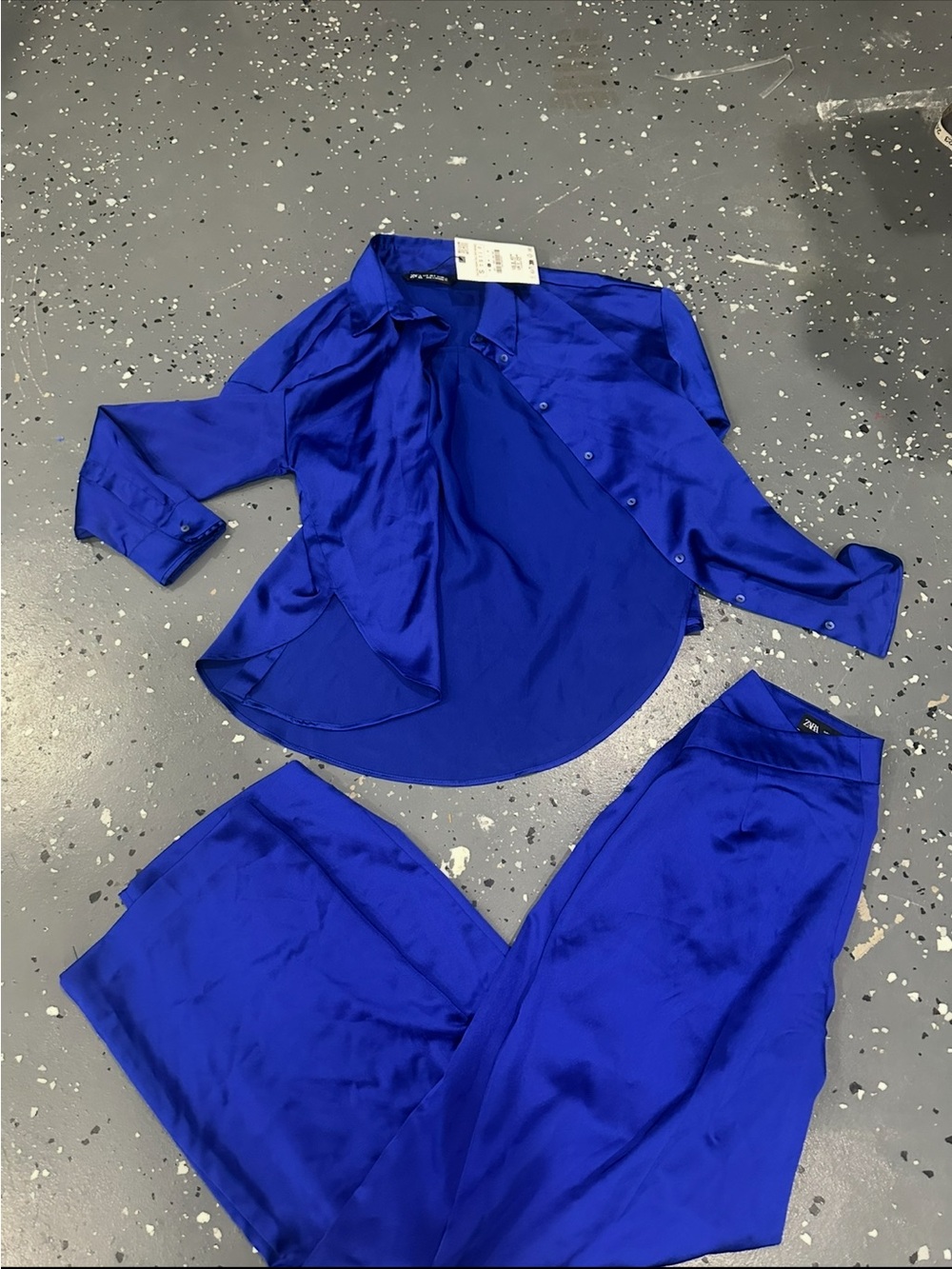 Zara Satin Button-Down Shirt & Wide-Leg Pants Set - Cobalt Blue